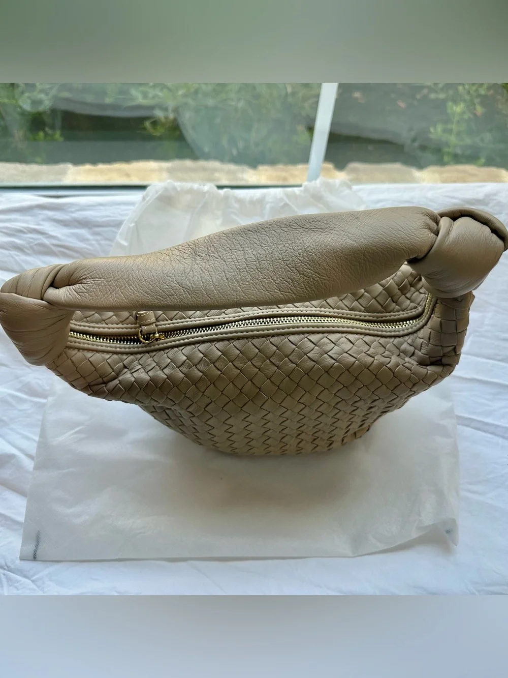 Georgia Milano Leather Woven Crossbody Bag in Taupe